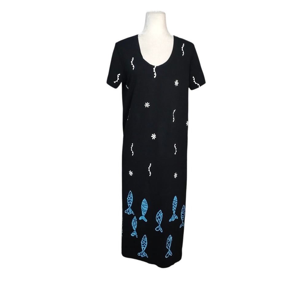 M. MAC Black Fish Print Short Sleeve Maxi Dress Large Blue Nautical Summer
